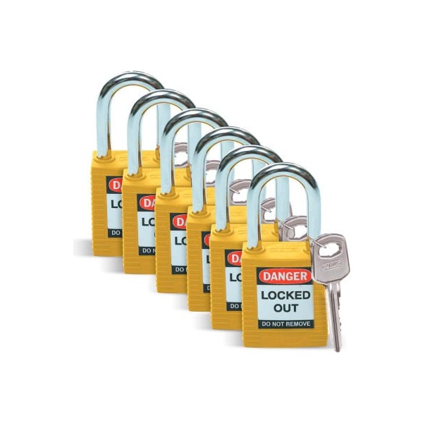 Brady Brady Lockout Padlock, Keyed Alike, 1-1/2", Plastic Covered Steel, Yellow, 6/Pack 105892 - main